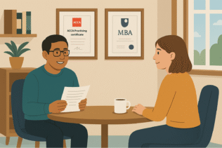 Accountant explaining benefits-in-kind changes to a small business client over coffee in a modern office.