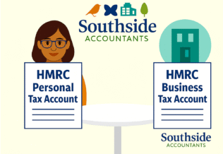 Southside Accountants in Wimbledon explain the difference between HMRC Personal Tax Account and HMRC Business Tax Account in a cartoon-style illustration