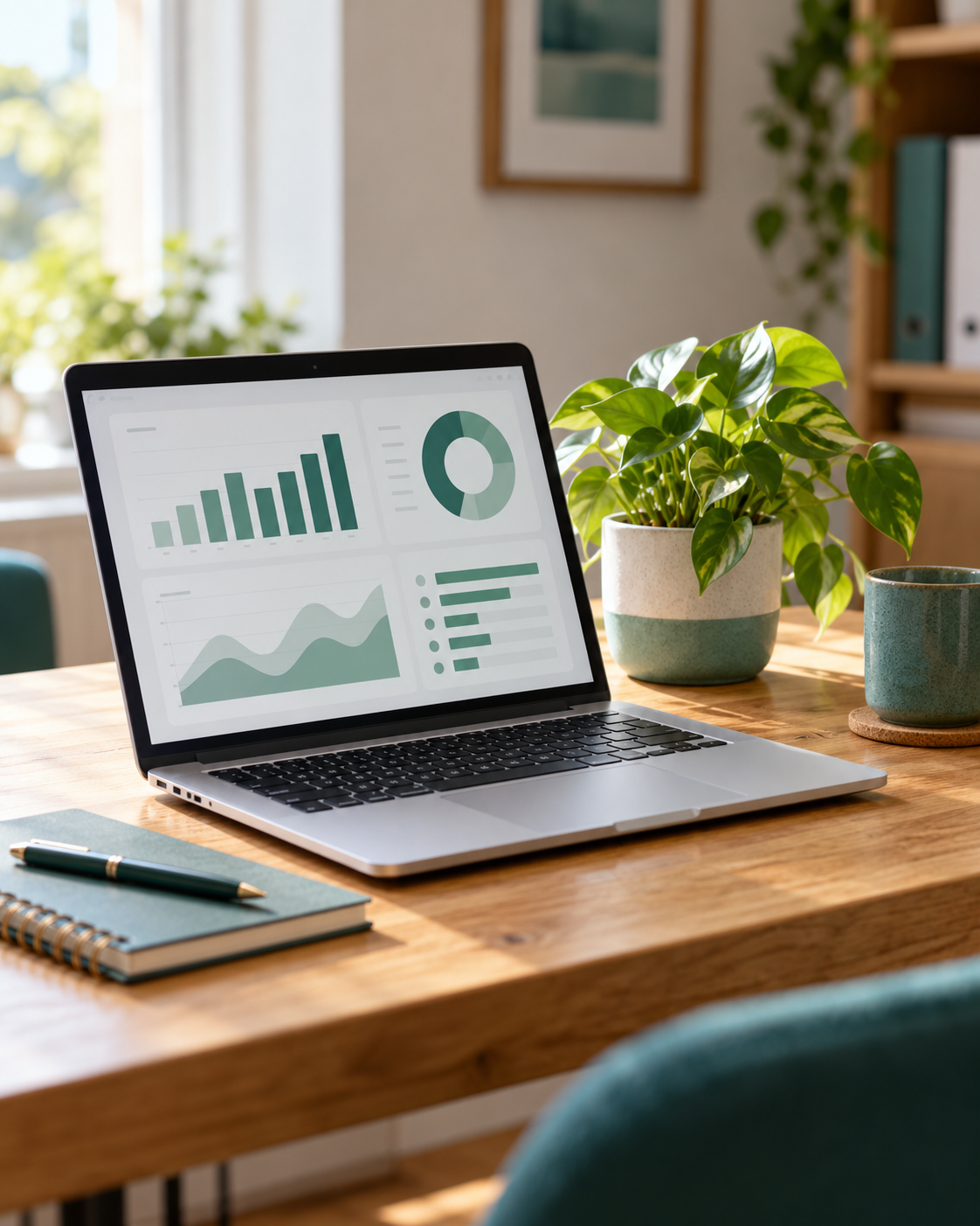 Illustration of a tidy desk with a laptop showing financial charts